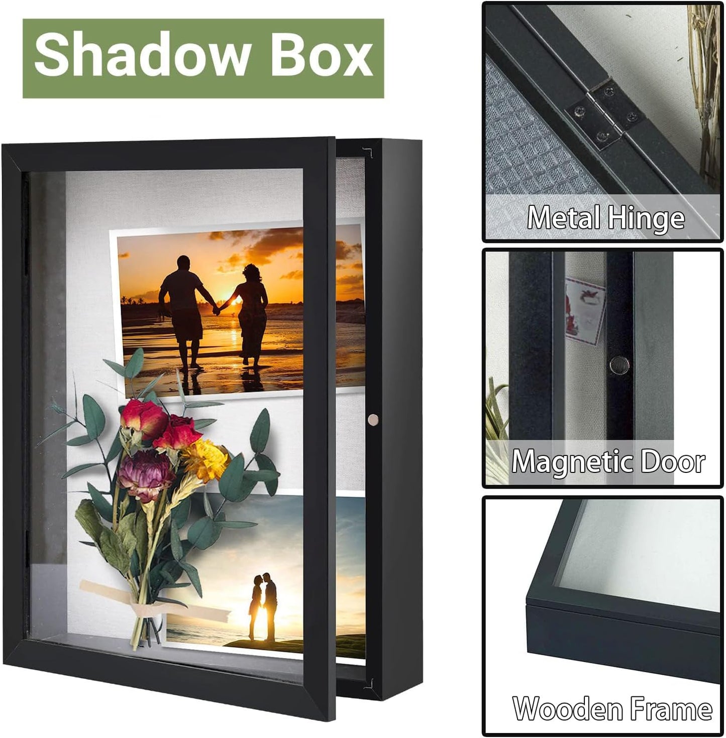 Muzilife 11x14 Shadow Box Wood Picture Frame, 2.16 Deep, Real Glass, Black | FSC-Wood, Magnetic Door, Linen Interior &