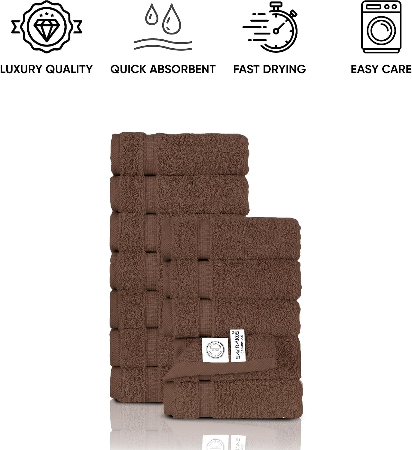 SALBAKOS 12-Piece 100% Turkish Cotton Washcloths and Face Towels, Chocolate | 13x13 in Standard Size Small Towel