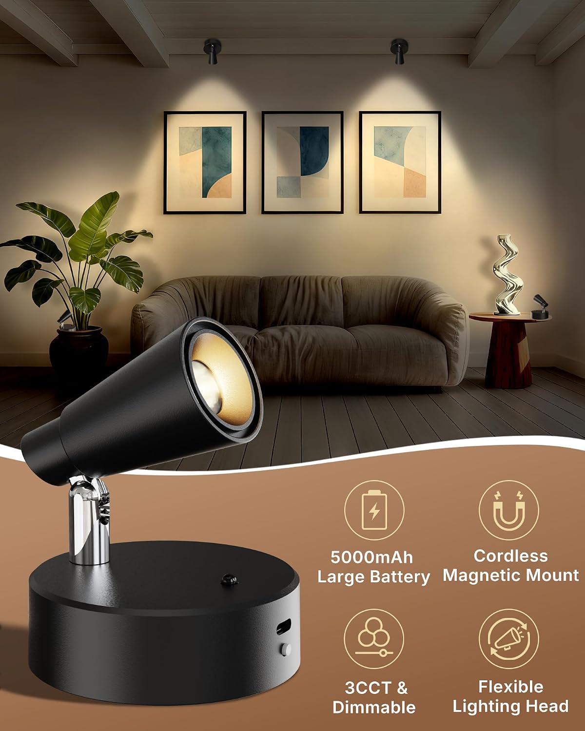 LED Spotlights Indoor, 5000mAh Rechargeable Battery Powered Picture Lights, Dimmable&Timer, 3CCT, Cordless LED Uplights