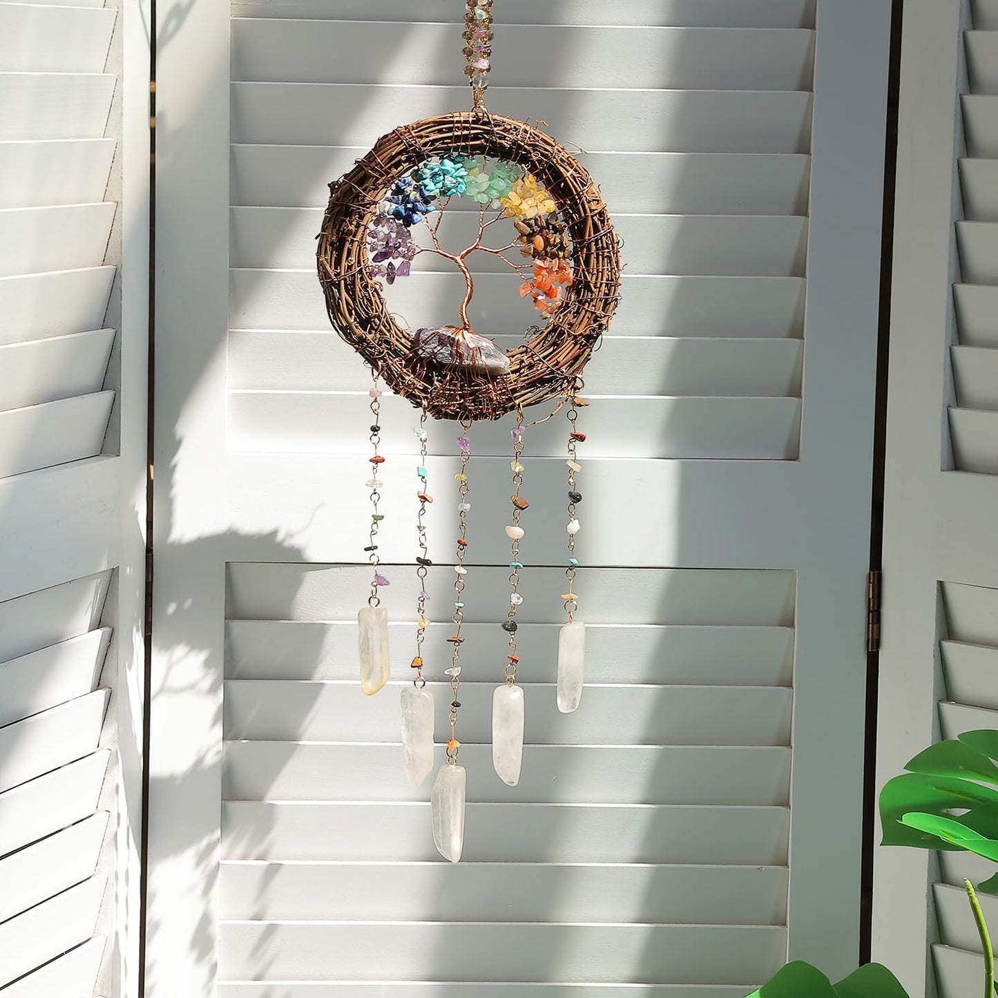 7 Chakra Tree of Life Dream Catcher Native Boho Dreamcatcher Rattan Wall Decor / Rattan-crystal