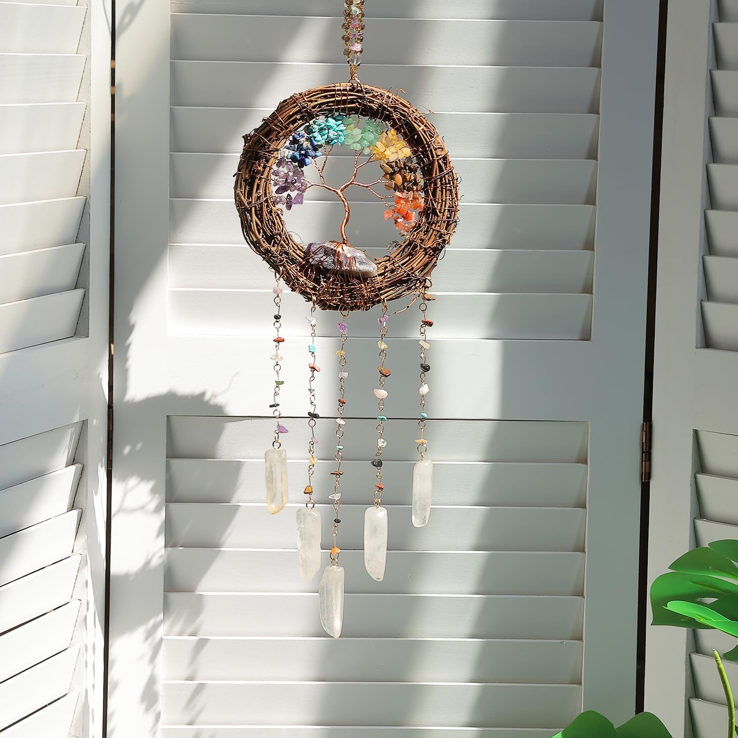7 Chakra Tree of Life Dream Catcher Native Boho Dreamcatcher Rattan Wall Decor / Rattan-crystal