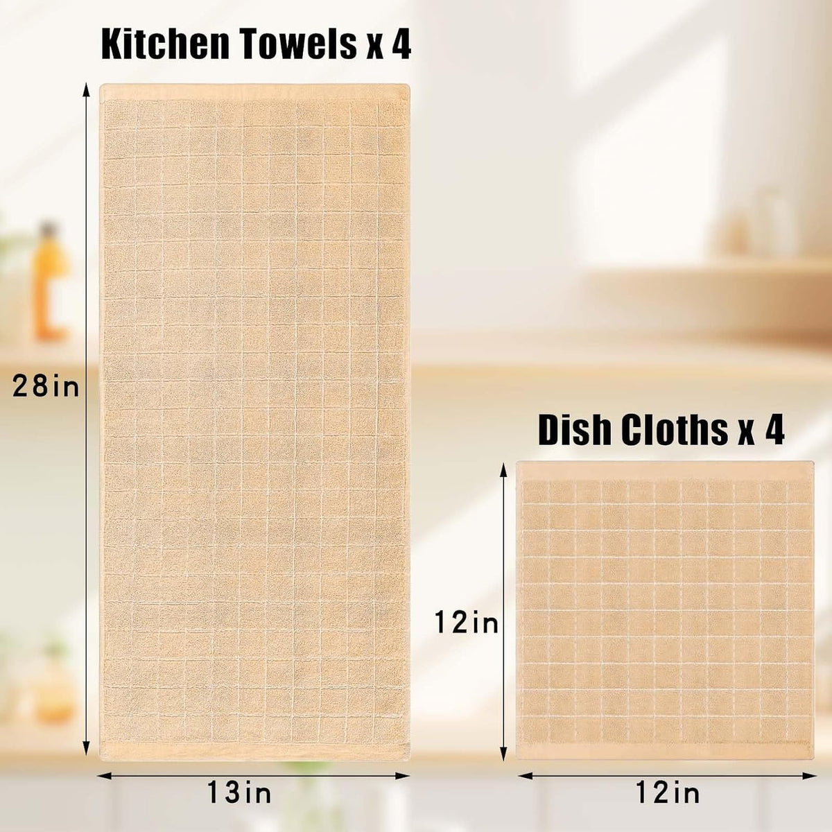Homaxy Kitchen Towels and Dishcloths Set, Set of 16, Apricot | Bulk Cotton Terry Kitchen Towels, Checkered Designed