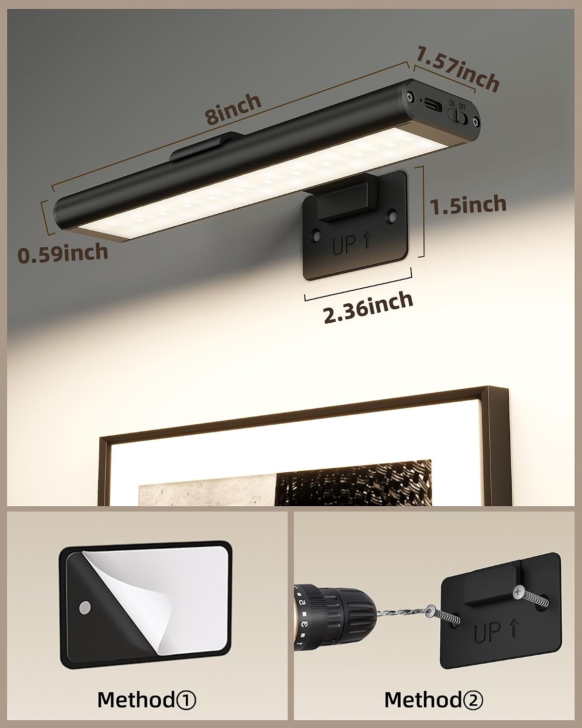 EZVALO RGB Picture Light for Wall, 2400mAh Wireless Rechargeable Color Changing Art Light with Remote, 16 Colors