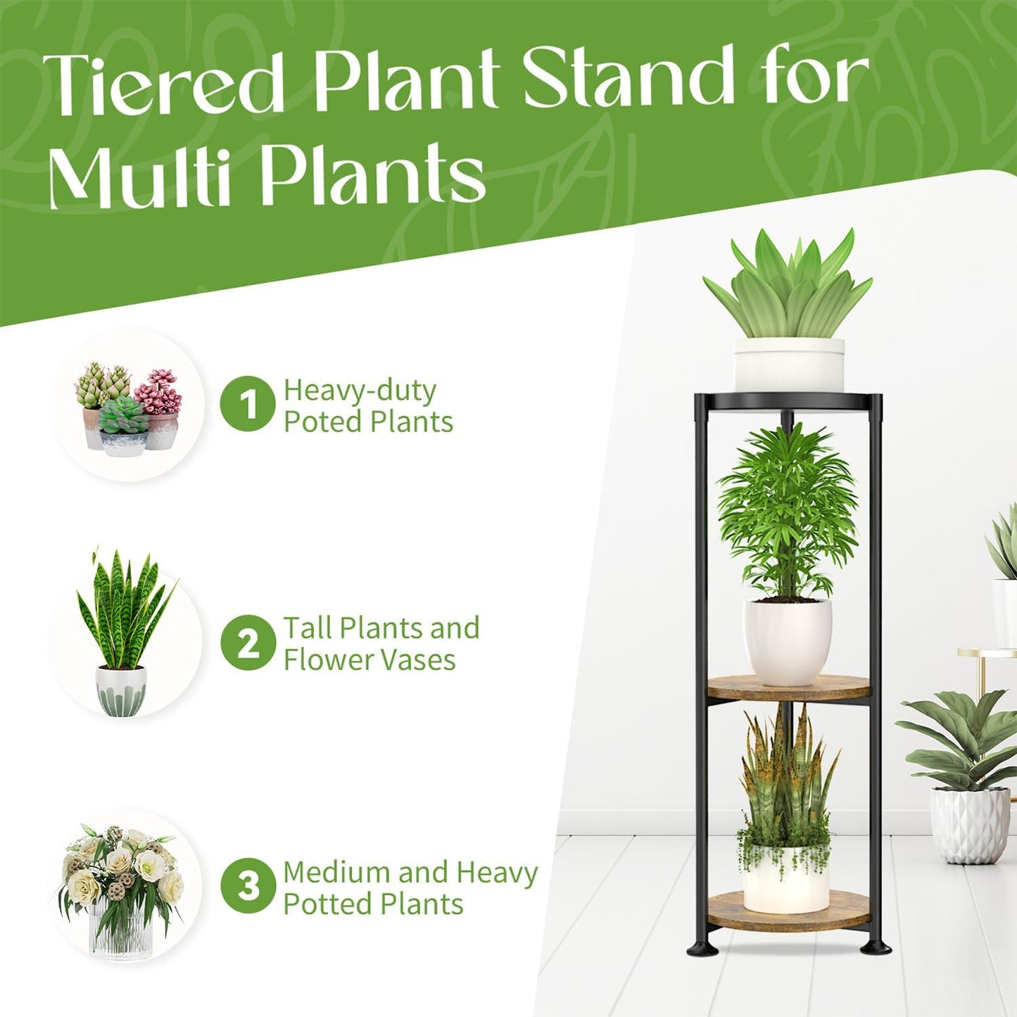 iDavosic.ly 3 Tier Corner Metal Plant Stand Indoor, 34 In Tall, Black Brown | Vertical Outdoor Flower Display Holder