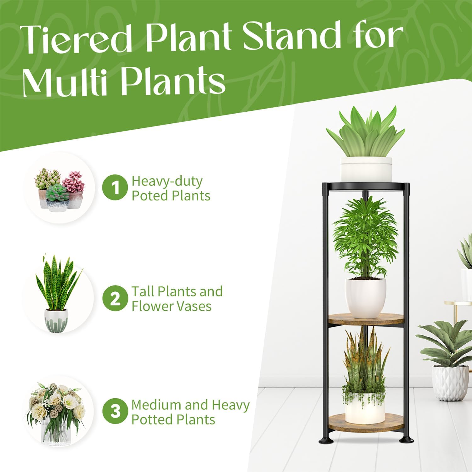 iDavosic.ly 3 Tier Corner Metal Plant Stand Indoor, 34 In Tall, Black Brown | Vertical Outdoor Flower Display Holder
