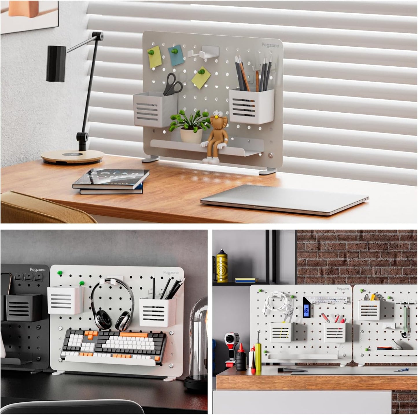 Clamp on Desk Pegboard, 16.5" x 12.6", with 10 Accessories, White | Magnetic Metal Peg Board, Desk Organizer for Office