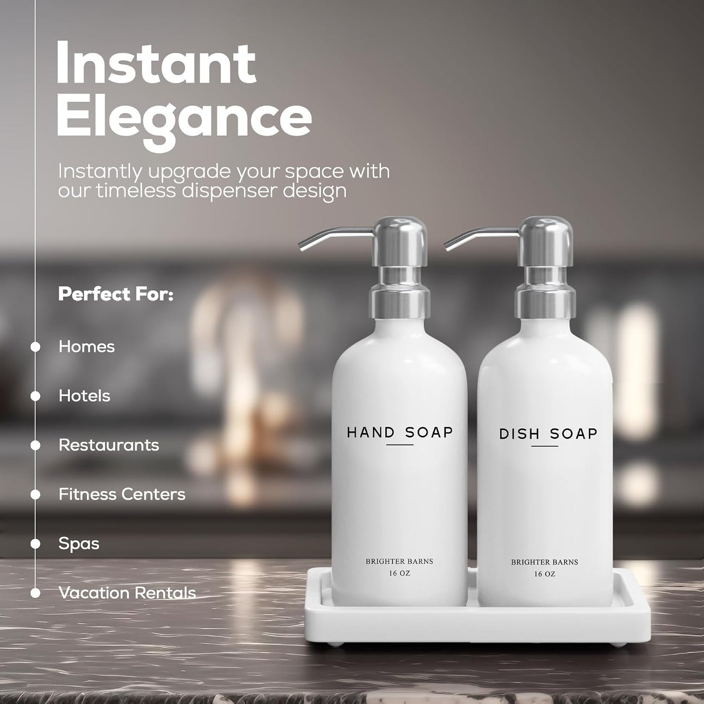 White Glass Hand and Dish Soap Dispenser Set by Brighter Barns - Kitchen Soap Dispenser Set with Tray & Pump for