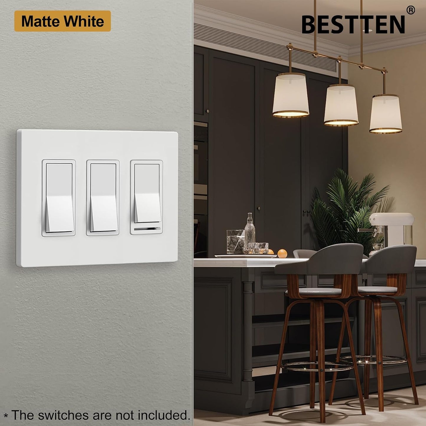 BESTTEN (5 Pack) USWP4 Matte White Series, 3-Gang Screwless Wall Plate, Decor Outlet Cover, H4.69” x W6.54”, for Light
