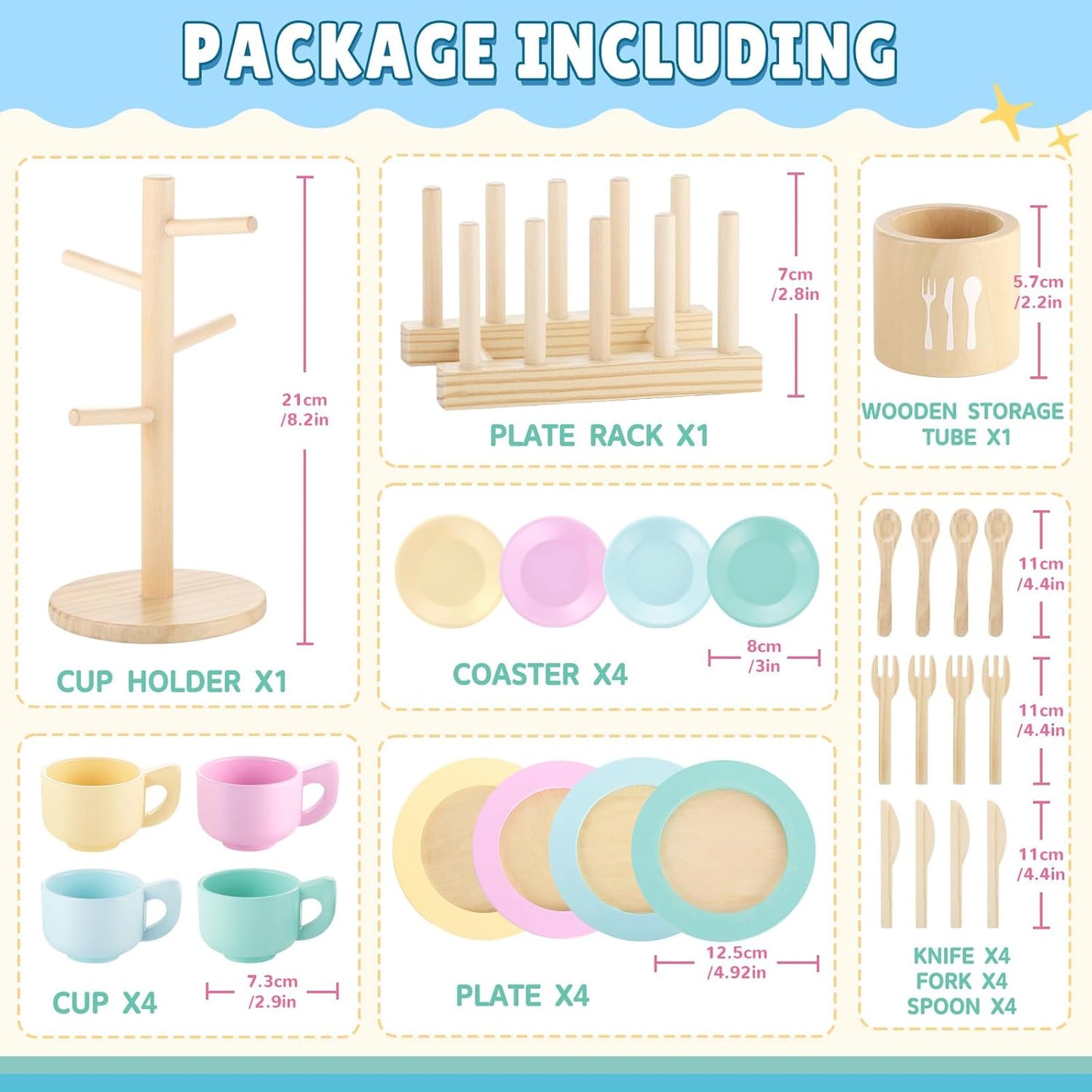 Storage Stand & / Kids Wooden Play Dishes Set / Macaron Colors with Stands-2 / Set of 27