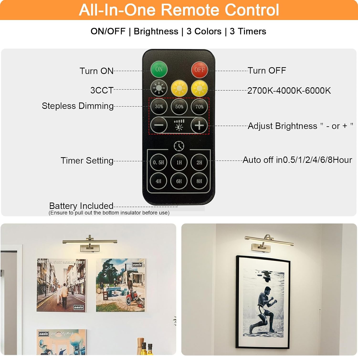 Tassuowell LED Picture Lights for Wall Rechargeable, Battery Operated Art Light for Paintings Wireless,15.7inch Antique