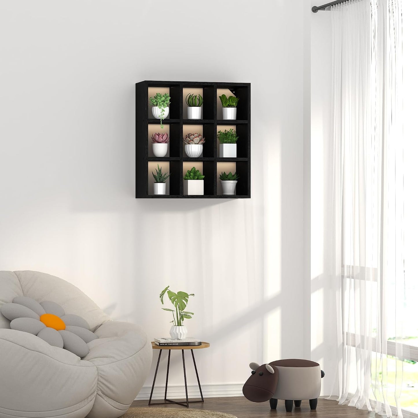 Helsin 9 Grid Vintage Coffee Mug Display Rack, 16inch Wall Mounted Wooden Curio Shadow Box Shelf, Cup Floating Shelves