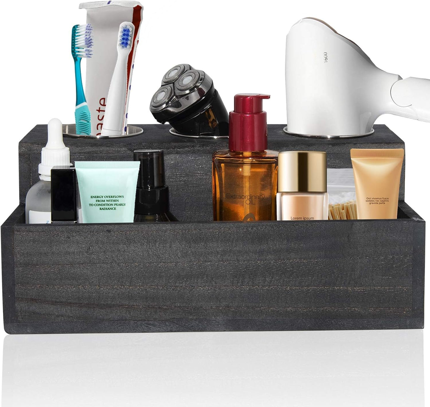 Wooden Hair Dryer Holder - Rustic Hair Tools Organizer with 3 Circular Holes and 1 Compartment, Bath Accessories