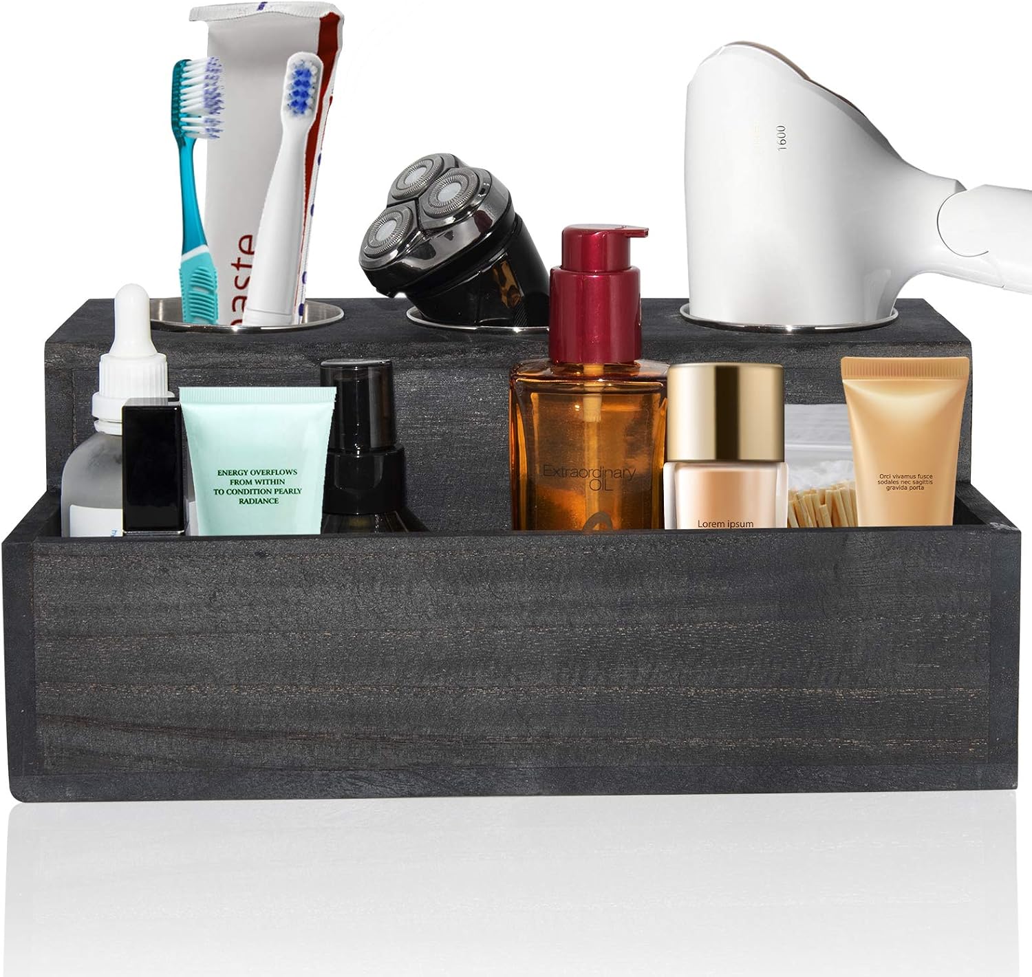 Wooden Hair Dryer Holder - Rustic Hair Tools Organizer with 3 Circular Holes and 1 Compartment, Bath Accessories