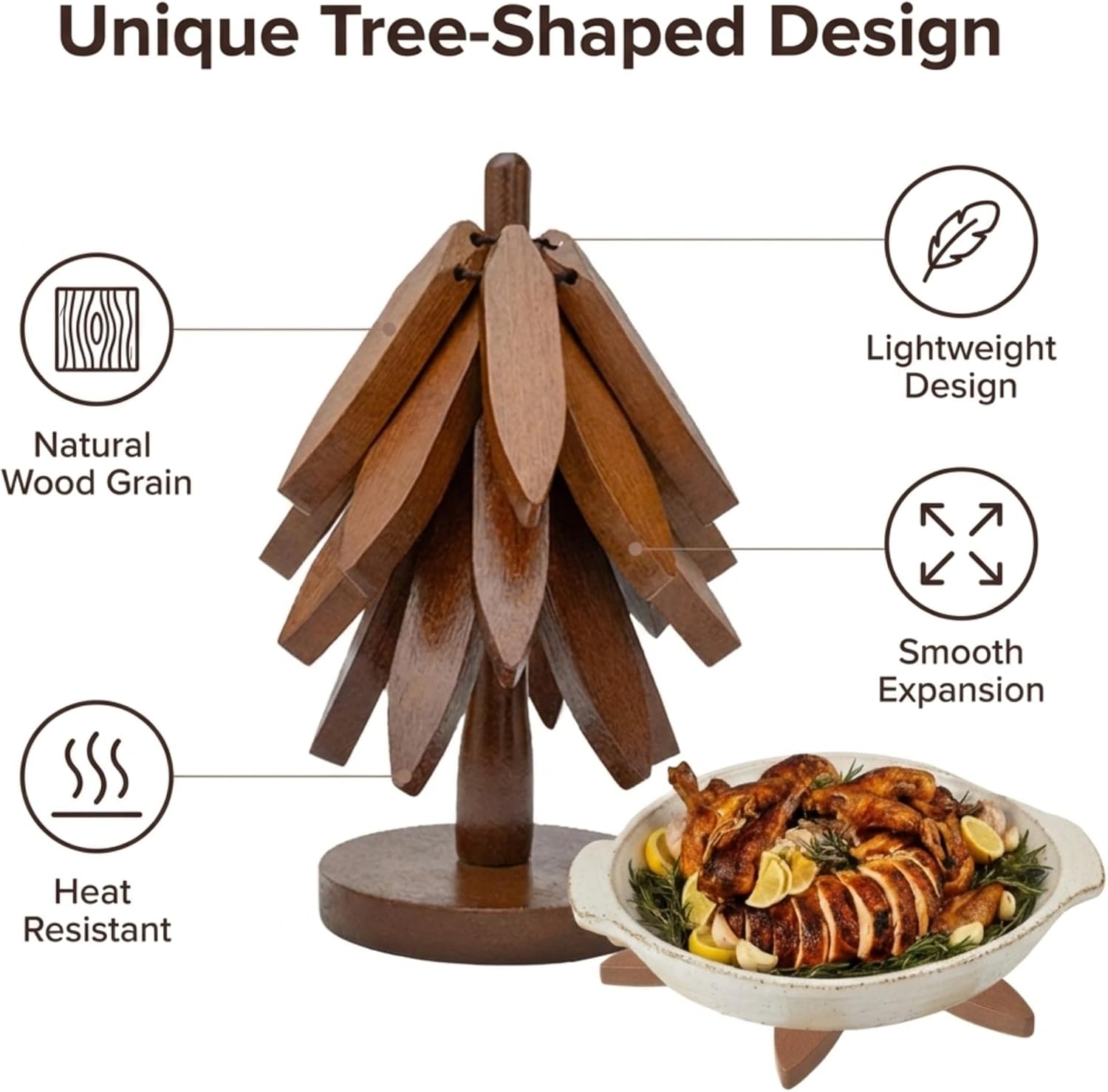 Tree Shaped Wooden Trivets for Hot Dishes, Pots & Pans - Hot Pads | Heat-resistant countertop protection, compact