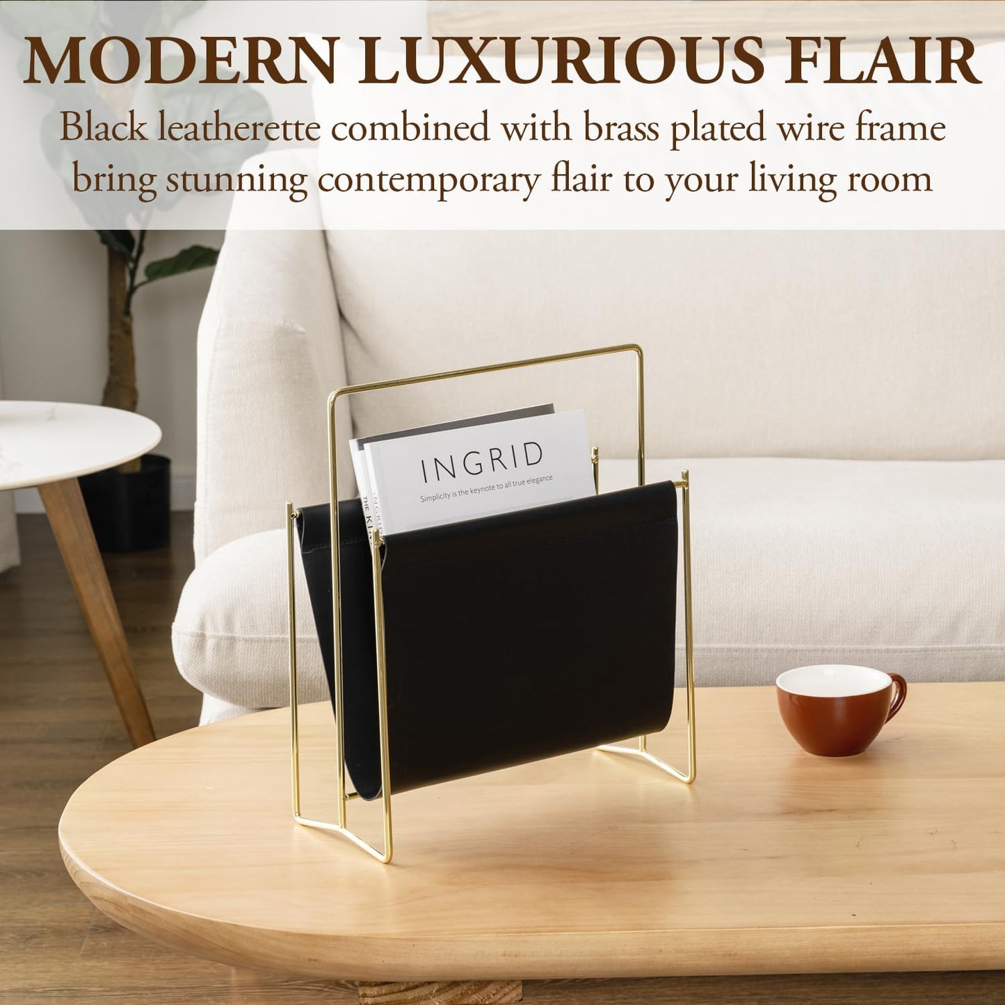 MyGift Black Leatherette Magazine Holder with Gold Metal Frame, 13 Inch | Sleek sling-style organizer keeps magazines