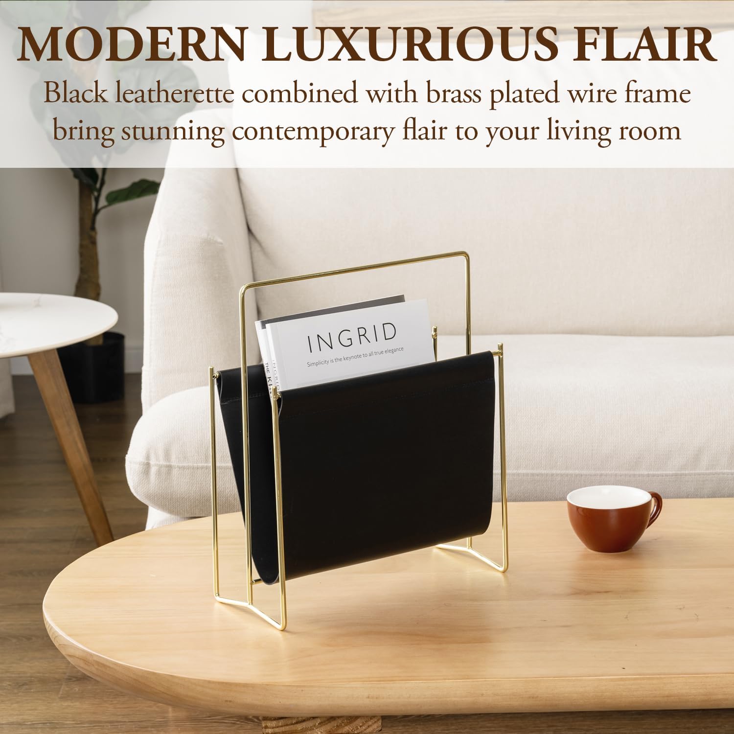 MyGift Black Leatherette Magazine Holder with Gold Metal Frame, 13 Inch | Sleek sling-style organizer keeps magazines