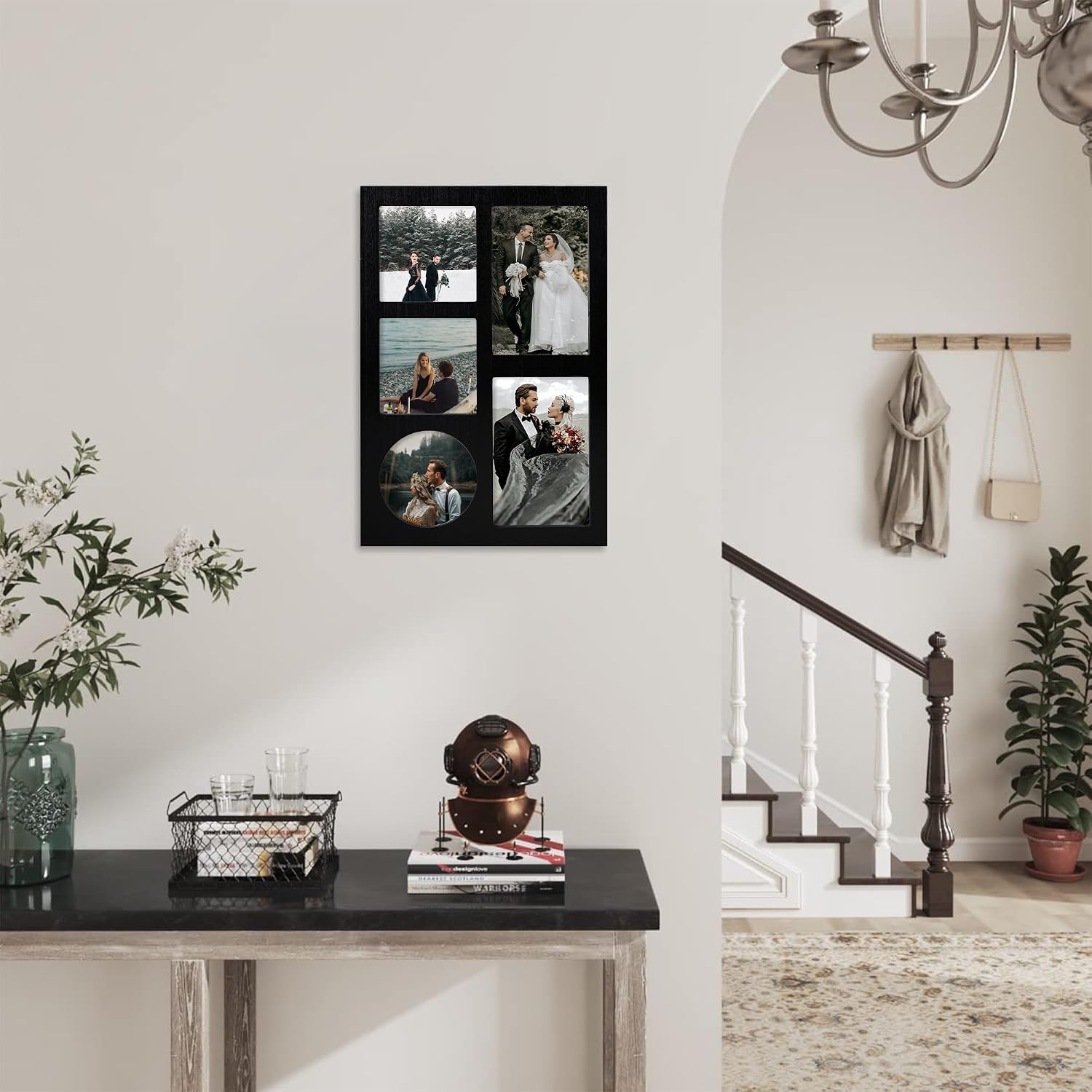 YESKAY 4x6 and 4x4 Collage Picture Frame, Display 5 Openings Photo Frames, Rustic Black Wood Frame with Real Glass