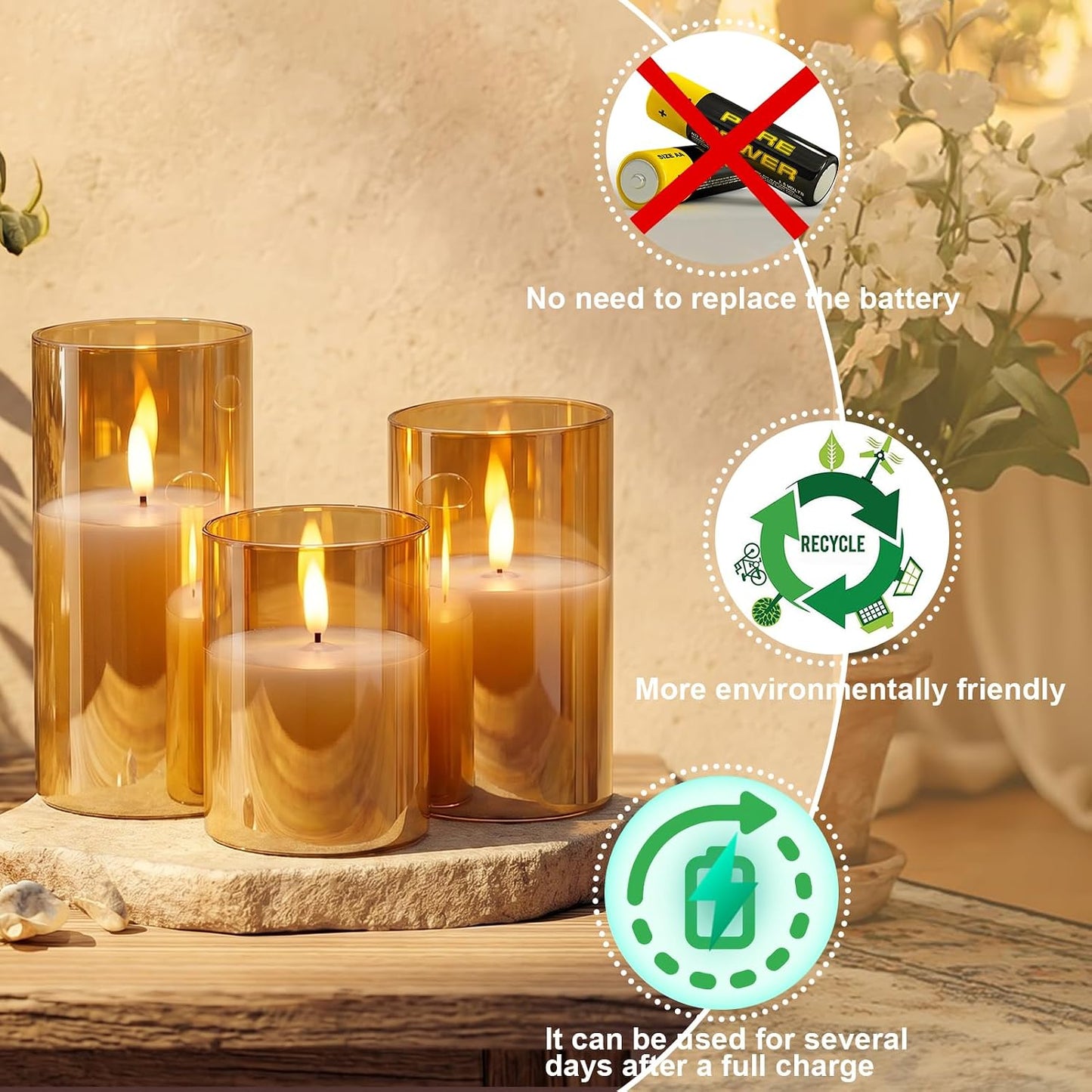 GenSwin Glass Rechargeable Flameless Candles Remote Battery Operated, Gold | LED Pillar Candles, Long Lasting Real Wax