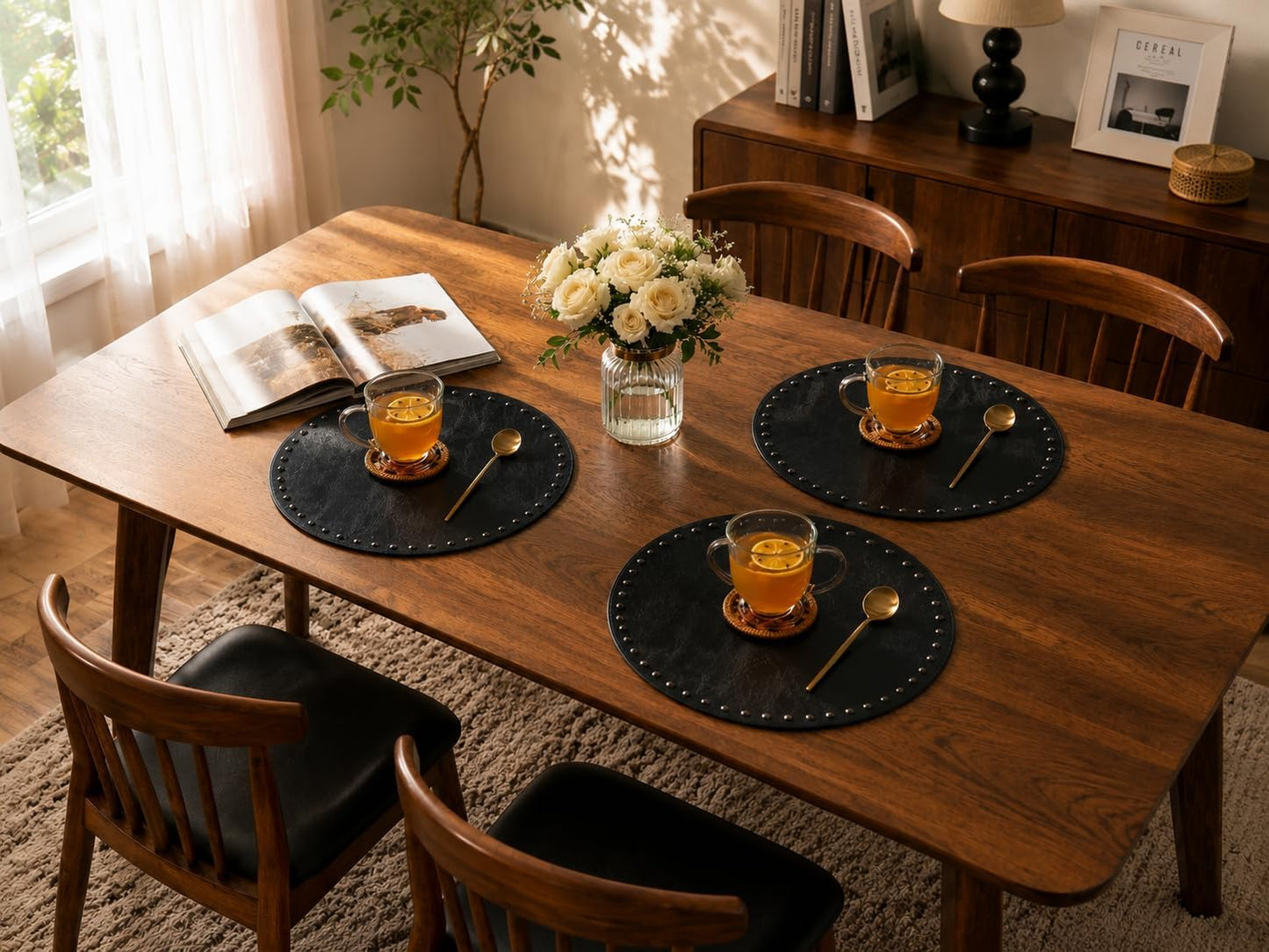 FAVE Black Faux Leather Placemats 13.78 Inches Round Placemat Set of 4 | Heat Resistant Place Mats with Rivets Placemat