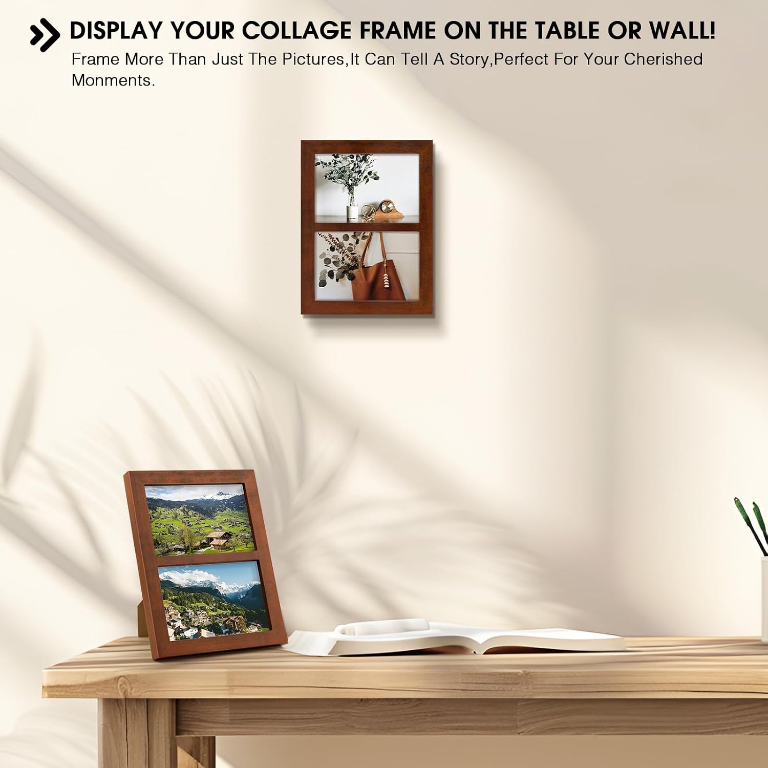 Golden State Art, 4x6 Double Picture Frame, Displays Two 4x6 Photos(Brown) | Solid Wood- Real Glass For Tabletop Or