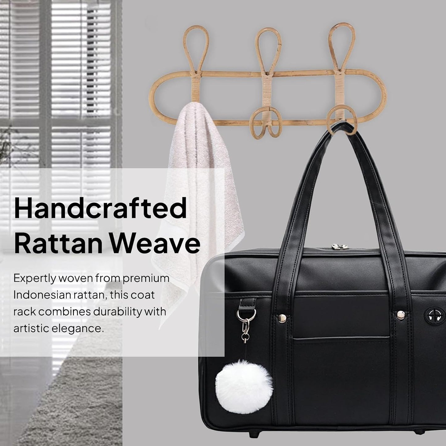 Rattan Wall Coat Rack / 3 Hooks