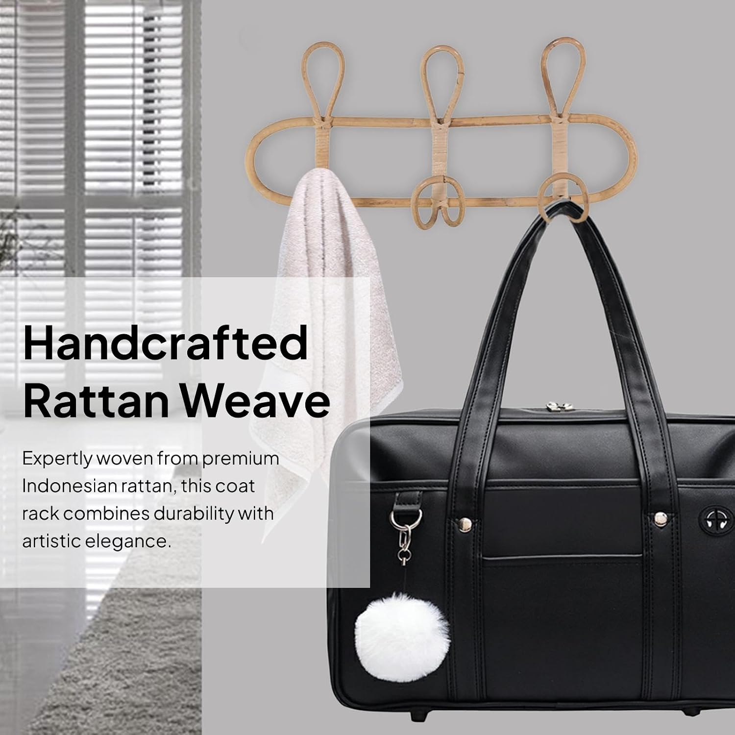 Rattan Wall Coat Rack / 3 Hooks