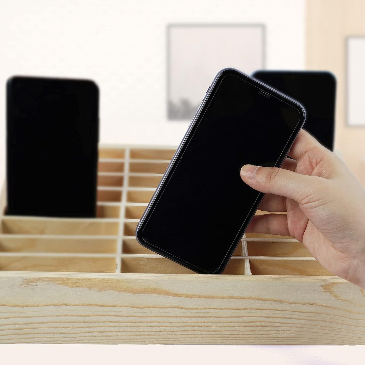 36-Grid Wooden Cell Phone Holder Desktop Organizer | Storage Box, Cell Phone Rack Display, Phone Caddy Storage for