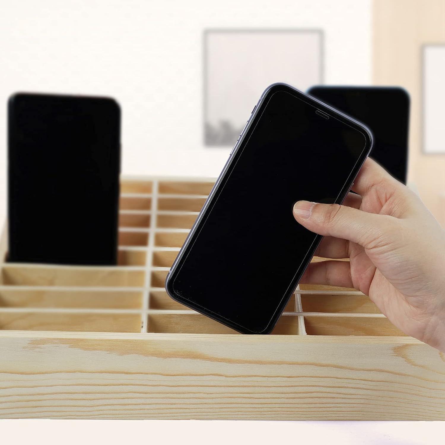 36-Grid Wooden Cell Phone Holder Desktop Organizer | Storage Box, Cell Phone Rack Display, Phone Caddy Storage for
