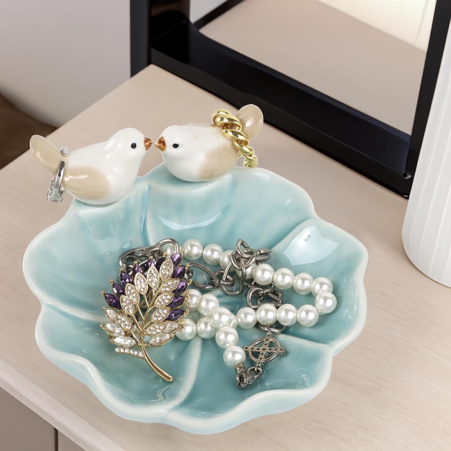 Ceramic Jewelry Tray Trinket Dish Decorative Bird & Lotus Leaf Ring Holder Dish Aesthetic / Blue