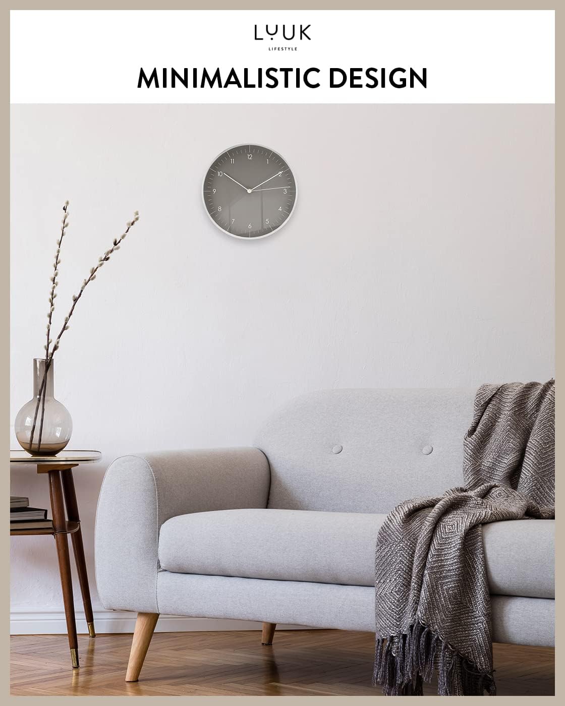 Modern Silent Quartz Wall Clock, 10in, Dark Grey & Silver | Designed in Germany, Simple & Elegant, Non-ticking, Analog