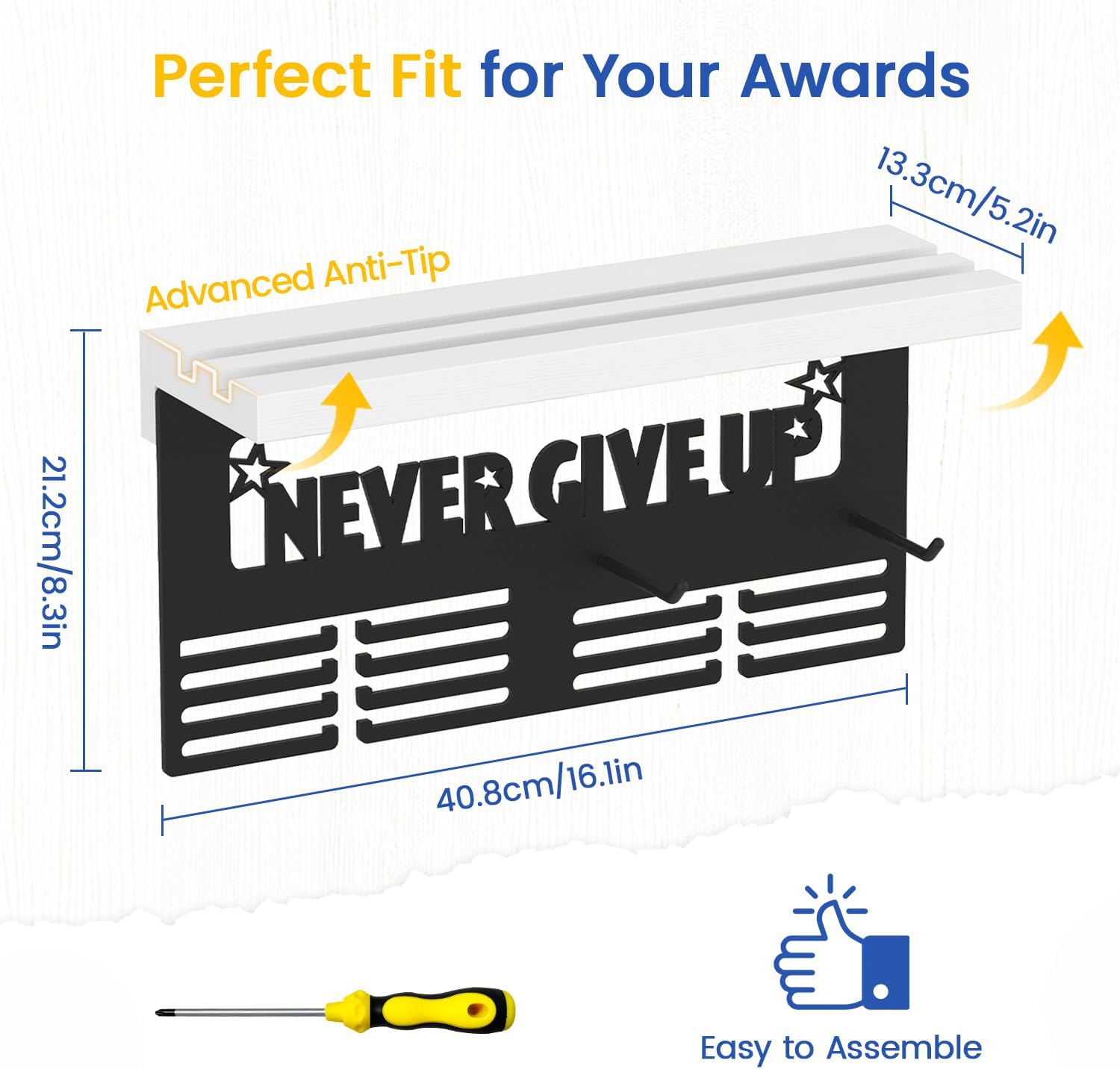 Medal Holder Display Trophy Shelf Organizer, Sturdy Wooden Race Award Hanger Rack with 25 Steel Hooks, Wall Mount