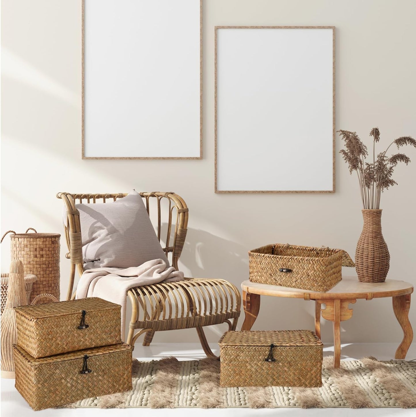 Wicker Baskets / Woven Rectangular Basket Bins / Orange / Set of 4