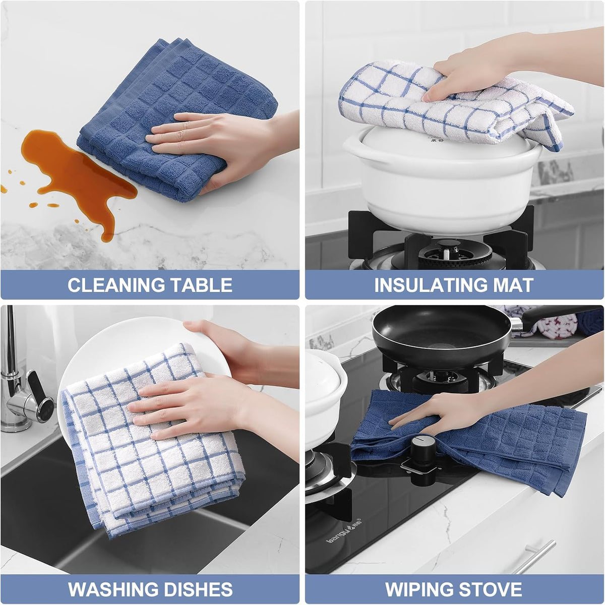 Homaxy Large Premium Cotton Kitchen Towels 16"x 28", 8 Pack, Navy Blue | Natural Ring Spun 390 GSM Dish Towels, Super