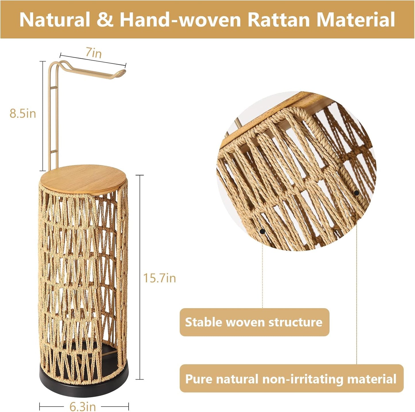 Freestanding Toilet Paper Holder with Storage,3 Rolls of Tissue Holder for Bathroom,Handmade Woven Toilet Paper Roll