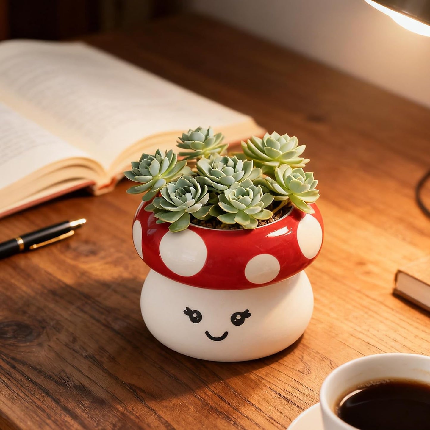 Red Ceramic Mushroom Planter Pot / Red and White / 4.5 x 3.35