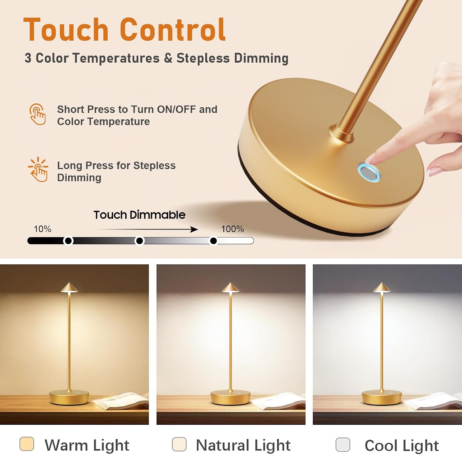 Set of 2 Cordless Rechargeable Led Table Lamp Battery Operated Light Gold | 6000mAh Desk Lamp Touch 3 Color Dimming