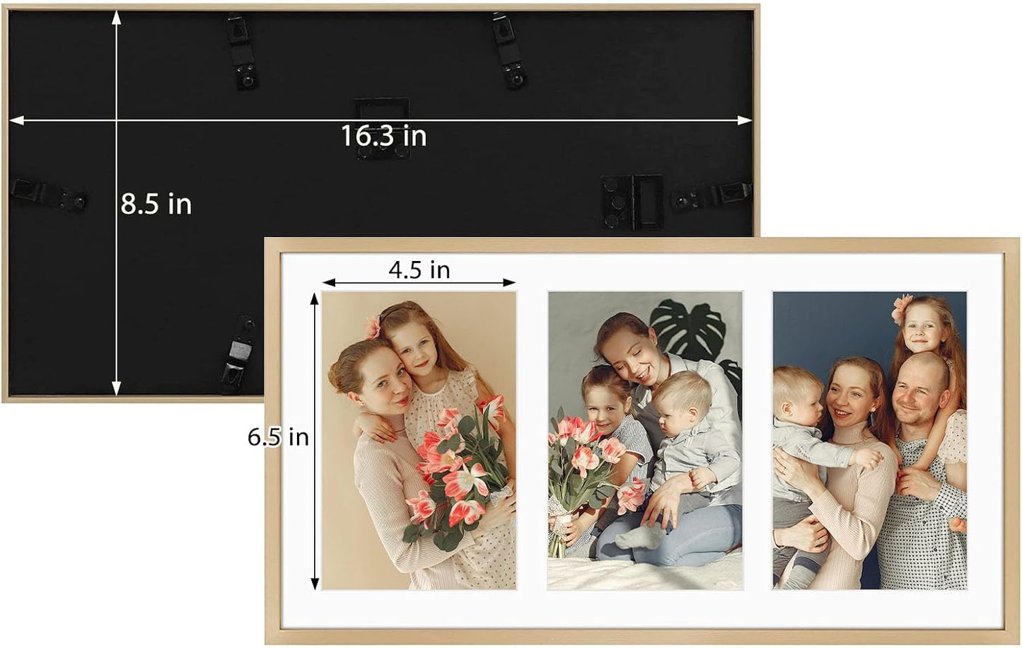 Golden State Art 8.5x16.3 Collage Frame for 3 5x7 Photos Gold 1 Pack | Aluminum Picture Frame with Real Glass Front