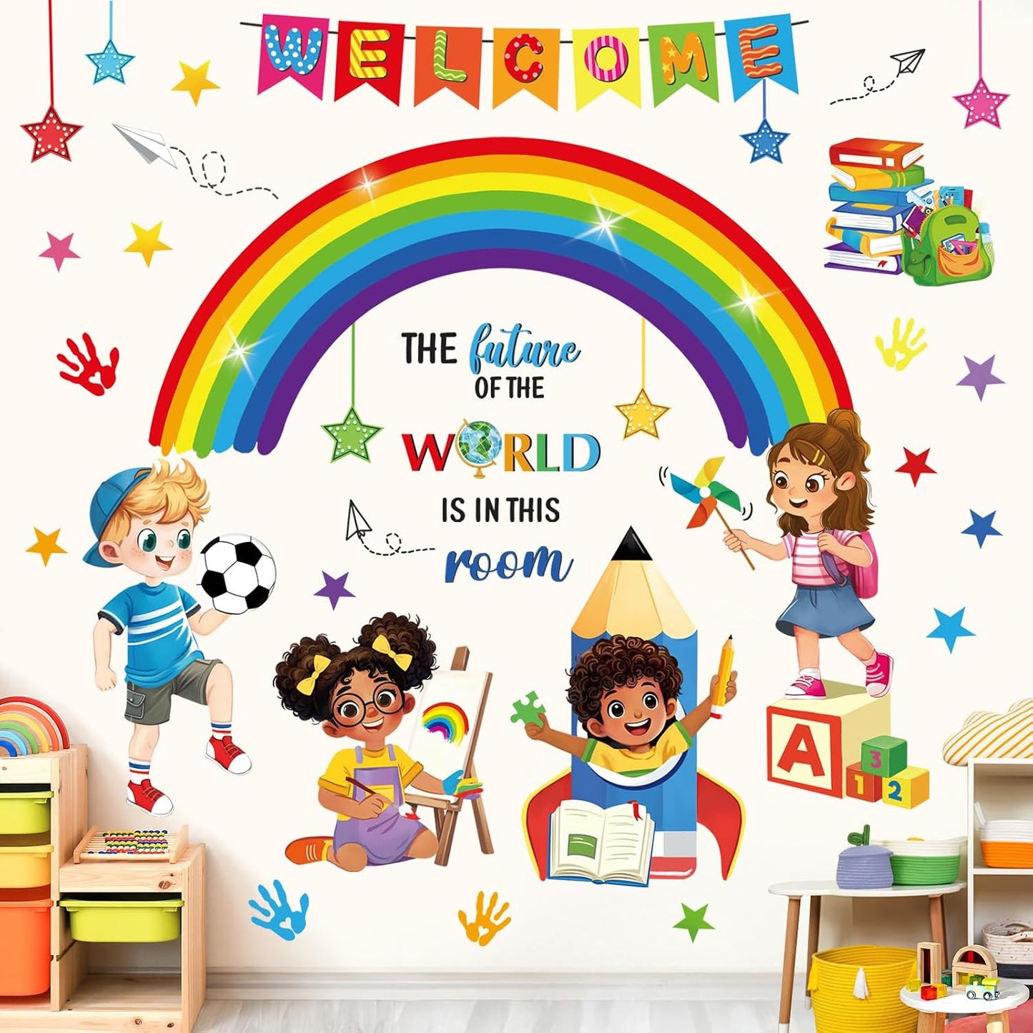 Rainbow Reading Corner Wall Decals Handprint The Future of The World Inspirational Quotes / Welcome