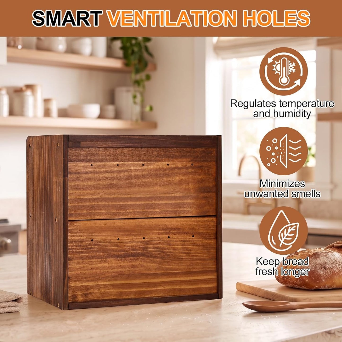 Alpeir Wooden Bread Box for Kitchen Countertop, Large Double Layer, Brown | Food-Safe Pine Wood, Double-Row