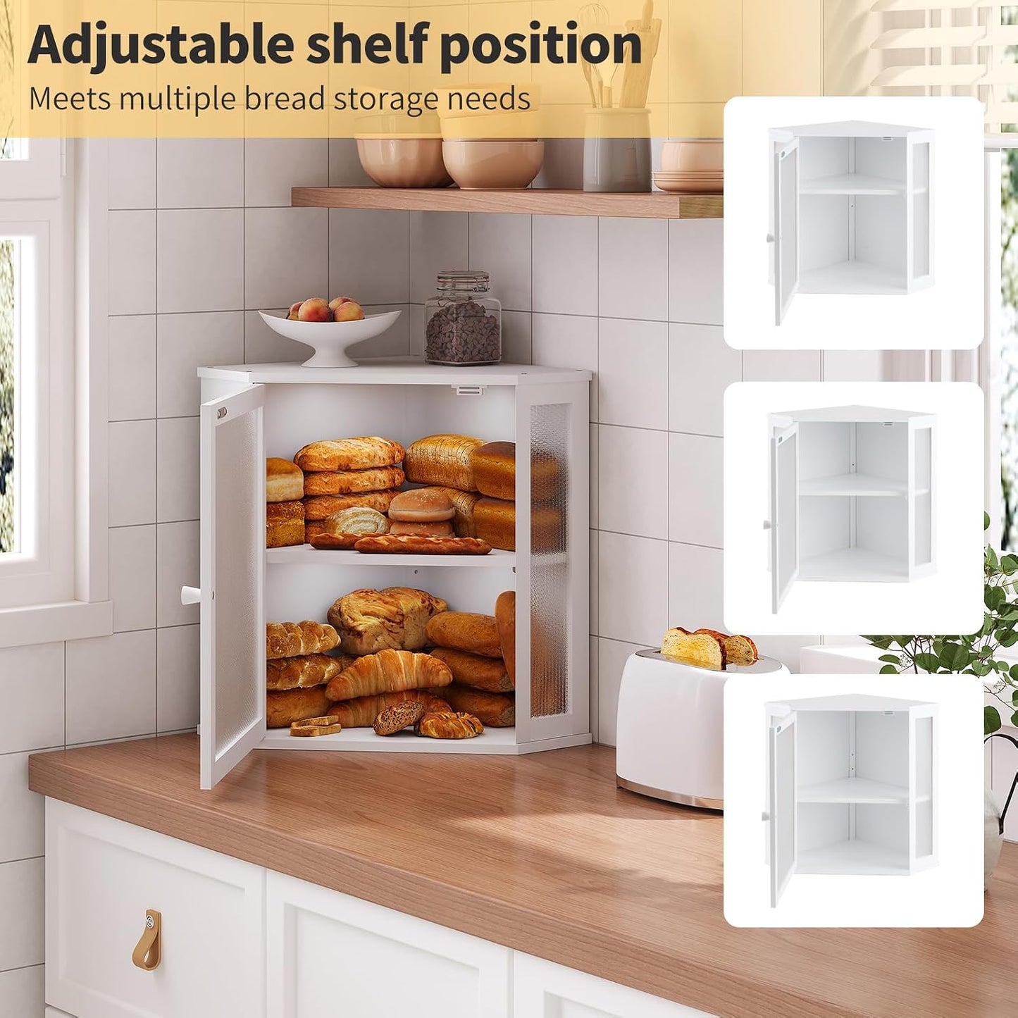 Corner Bread Box for Kitchen Countertop,Bread Storage for Homemade Bread, Double Layer Large Bamboo Kitchen Storage Bin