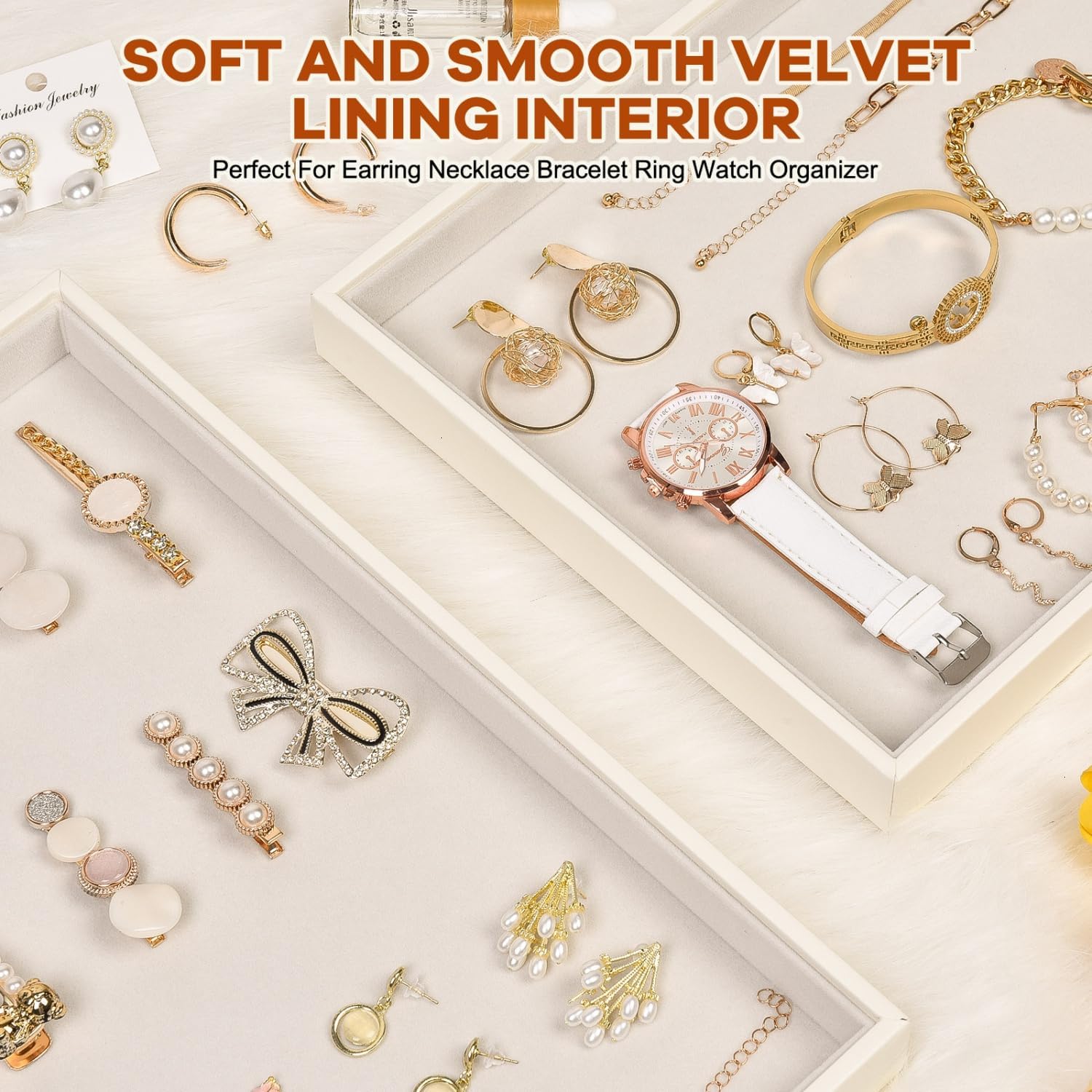 Velvet Jewelry Tray for Drawers Jewelrys Display Tray Stackable Jewelry Organizer Trays / Beige