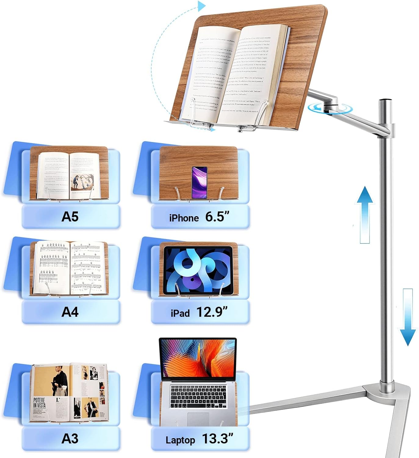 Bookstand, WoodPad, Rotating Holder for Laptop/Tablet/Phone, 2 Spring Clips