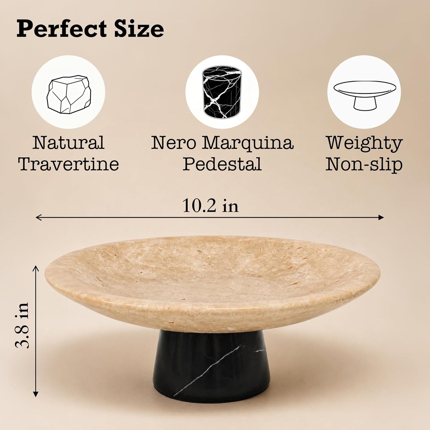 10.2" Large / Travertine with Nero Marquina Pedestal / Black