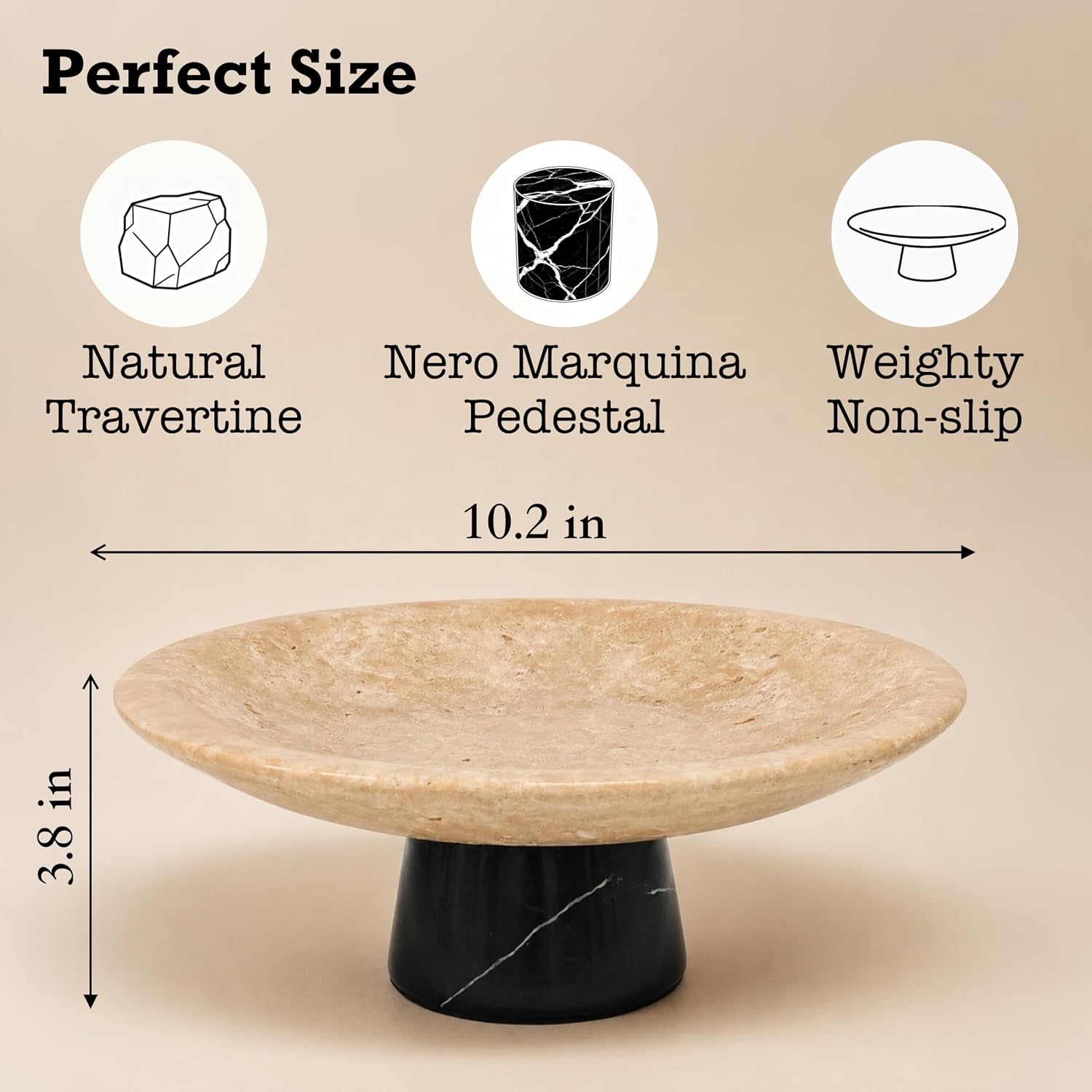10.2" Large / Travertine with Nero Marquina Pedestal / Black