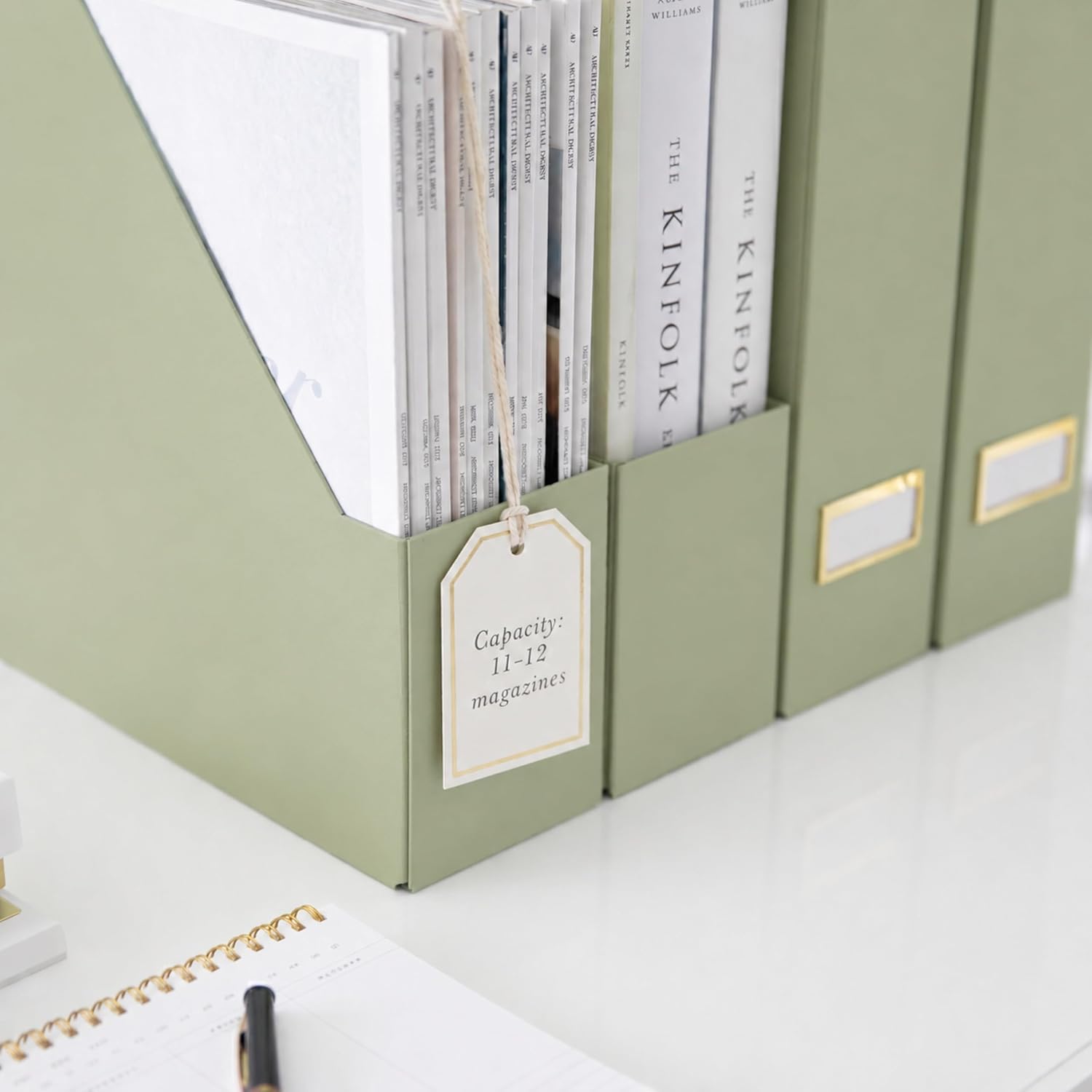 BLU MONACO | Set of 6 Foldable Magazine File Holders in Earth Green | Heavy-Duty Vertical File Organizers with Label