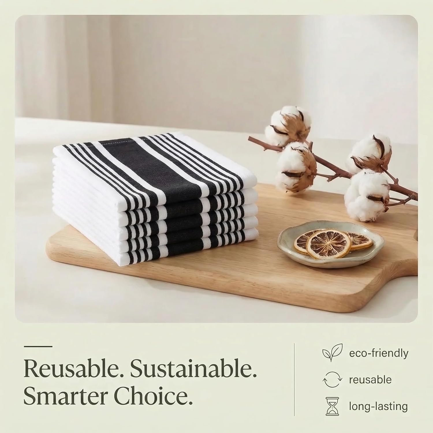 Urban Villa Kitchen Towels Cotton Dish Towels 20”x30” (Set of 6) Black