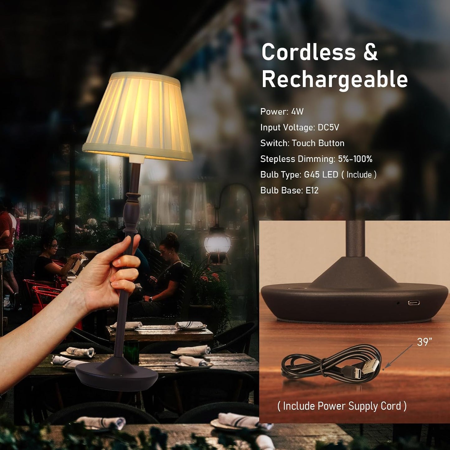 Cordless LED Touch Lamp with Dimmer Portable Small Table Lamp, 18" 2700K Rechargeable Battery Light for Bedside, Dining
