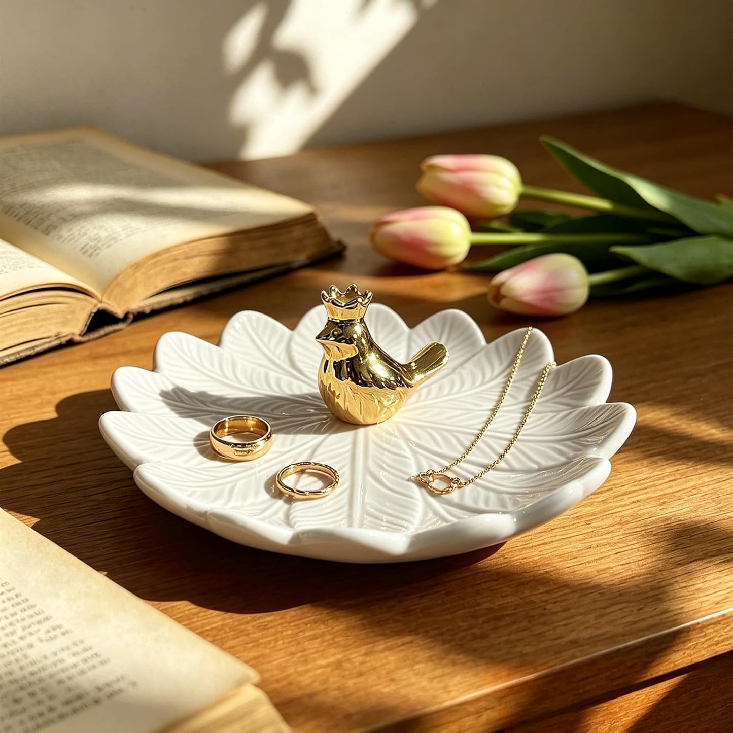 Golden Bird Ceramic Ring Holder Dish for Women / White