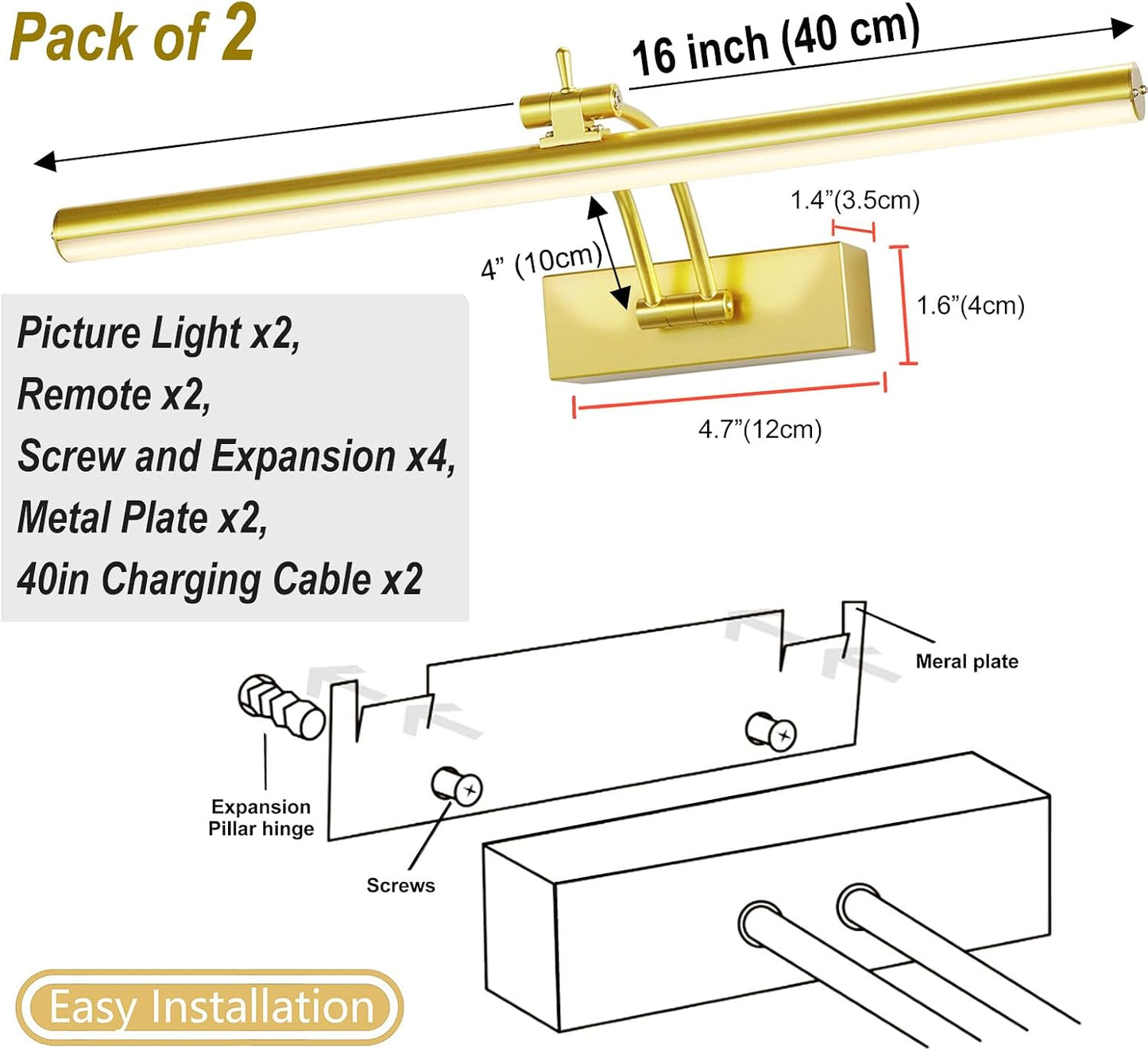 Yuichoy 2 Pack Picture Light Battery Operated for Wall, 16" Wireless Art Lighting for Painting, 6 Colors Picture Frame
