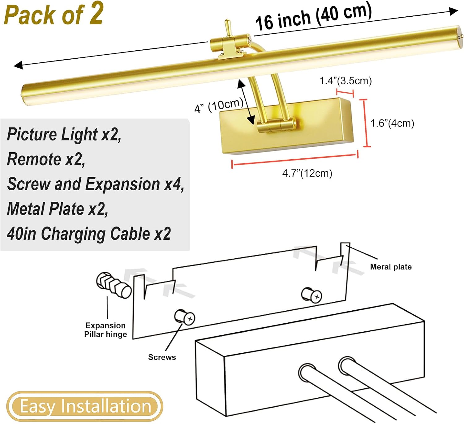 Yuichoy 2 Pack Picture Light Battery Operated for Wall, 16" Wireless Art Lighting for Painting, 6 Colors Picture Frame